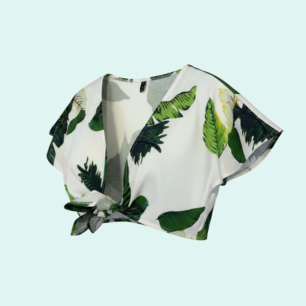 Zaful Size S Tropical Leaf Tie Front Crop Top Boho Beachy Resort